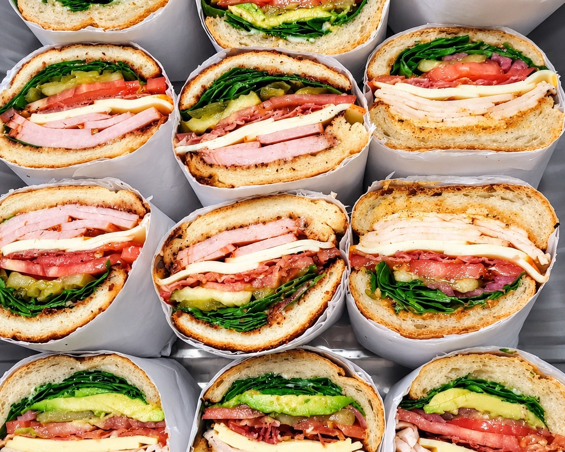 Rhea’s sandwiches cut in half, wrapped in white paper and packed side by side: turkey, ham, cheese, tomato, avocado, pickles and greens on toasted rolls
