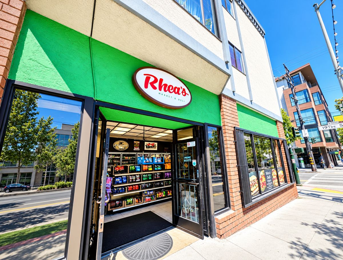 Rhea’s on the corner of 19th & Valencia: the oval Rhea’s Market & Deli sign on the green front, the doors open onto the snack shelves